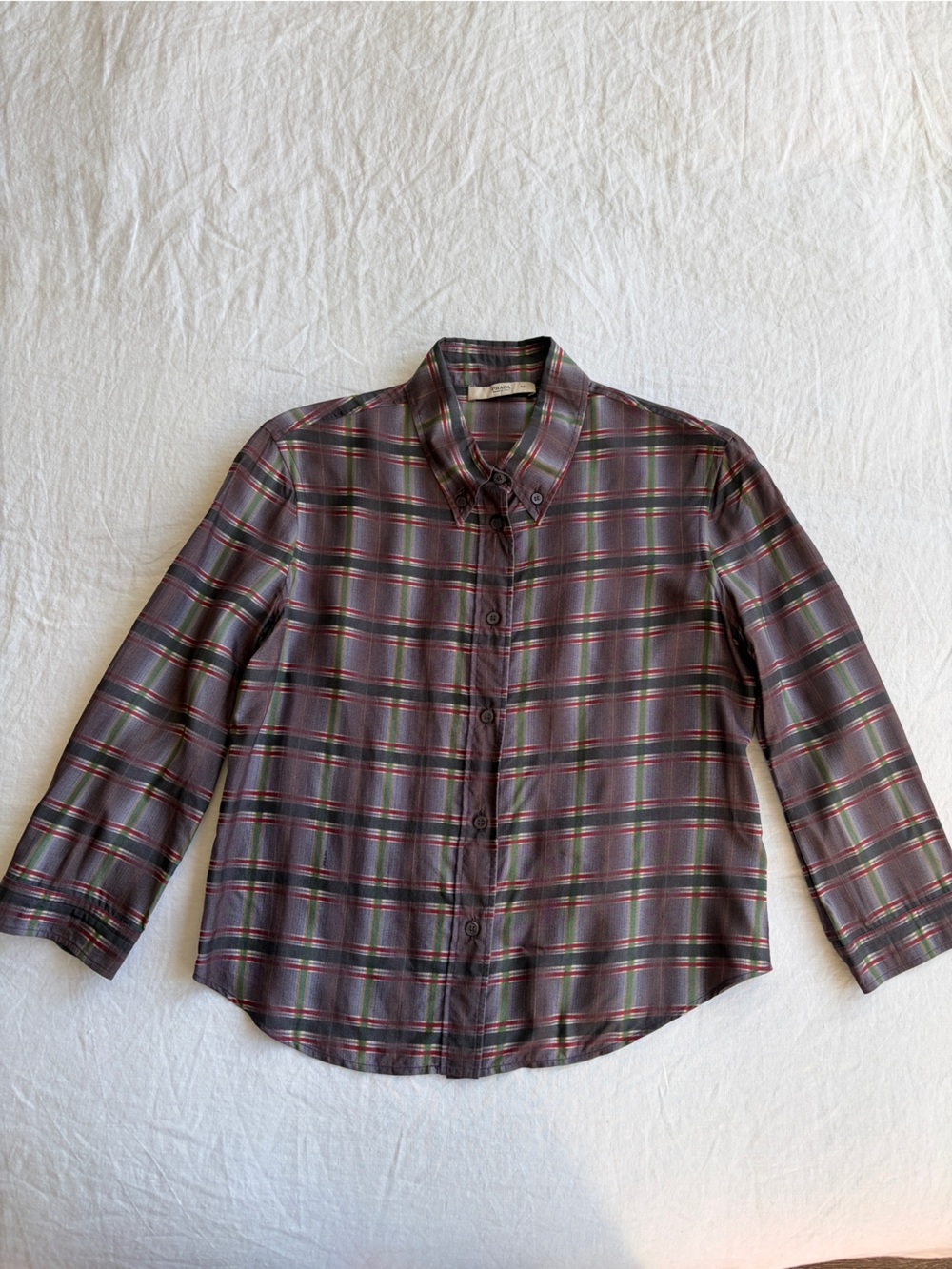 Prada SS 2004 Silk Taffeta Plaid Tartan Button Down Up 3/4 Sleeve Top Purple
